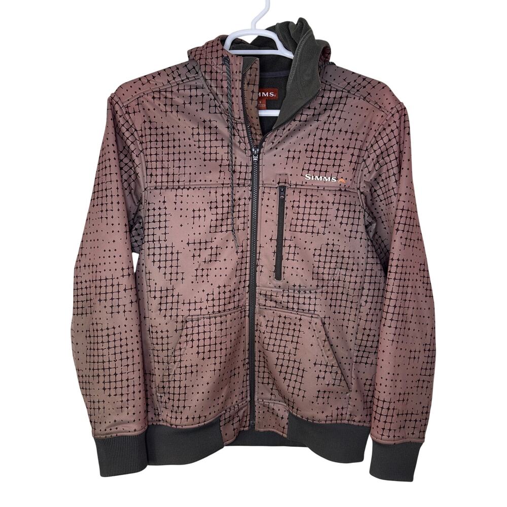 Simms Fishing Mens Small Soft Shell Jacket Hood Fish Scale Print Outdoor Utility